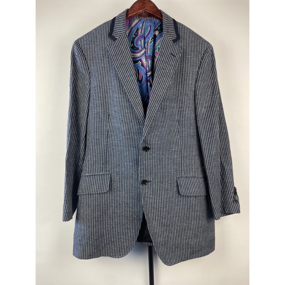 Etro Milano Mens Blue White Pinstripe Classic Linen Silk Blazer Paisley‎ Lining